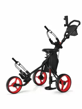 Costway 629721836813 Goplus Folding 3 Wheels Golf Push Cart With Seat Scoreboard Adjustable Handle Red