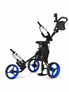 Costway 629721836844 Goplus Folding 3 Wheels Golf Push Cart With Seat Scoreboard Adjustable Handle Blue