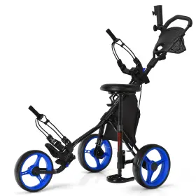 Costway S603bla24226 Folding 3 Wheels Golf Push Cart With Seat Scoreboard Adjustable Handle Blue