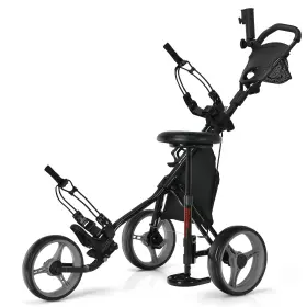 Costway S603gra24228 Folding 3 Wheels Golf Push Cart With Seat Scoreboard Adjustable Handle Grey